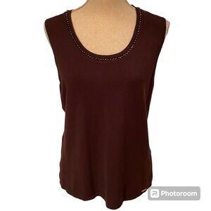BYBLOS BLU SWEATER SCOOP NECK SLEEVELESS BROWN BEADED NECKLINE SIZE M ITALY
